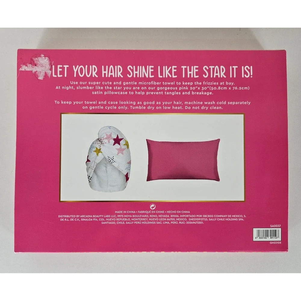 Sally Arcadia Beauty Labs Pink Satin Pillowcase Star Microfiber Hair Towel Set